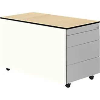 Schubladencontainer m.Rollen, 523x800, HPL-Vollkernpl., 3 Schubl. weiß/alu/Ahorn